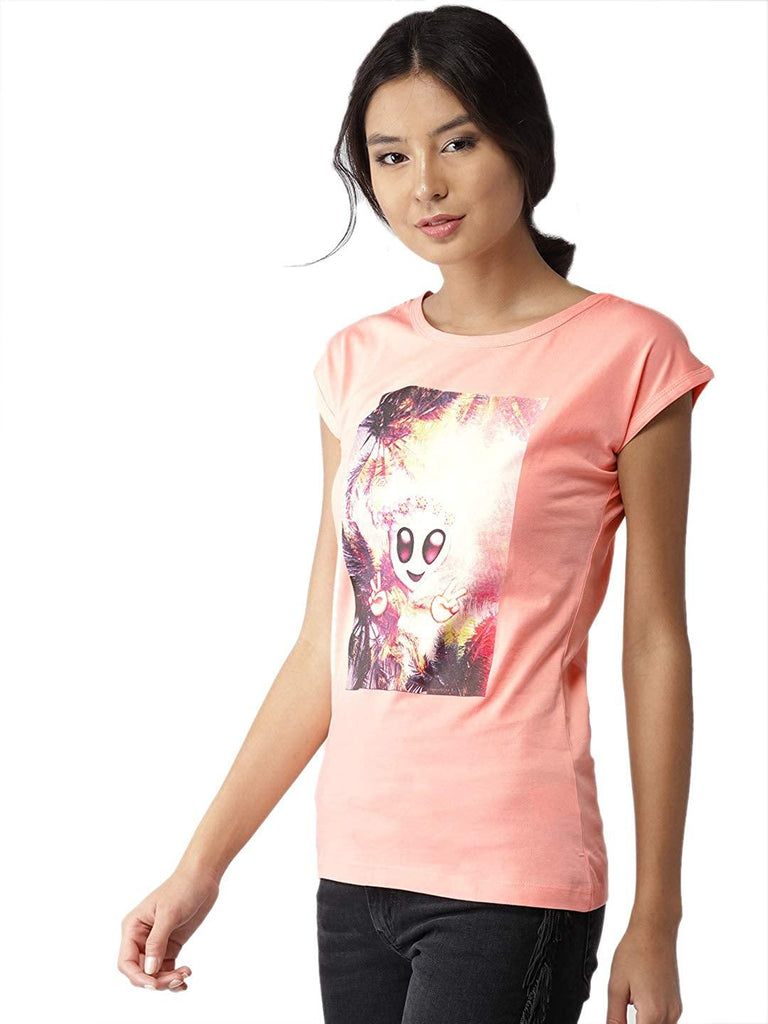 Style Quotient Women Peach Round Neck Graphic Fashion Tshirts-Tshirt-StyleQuotient