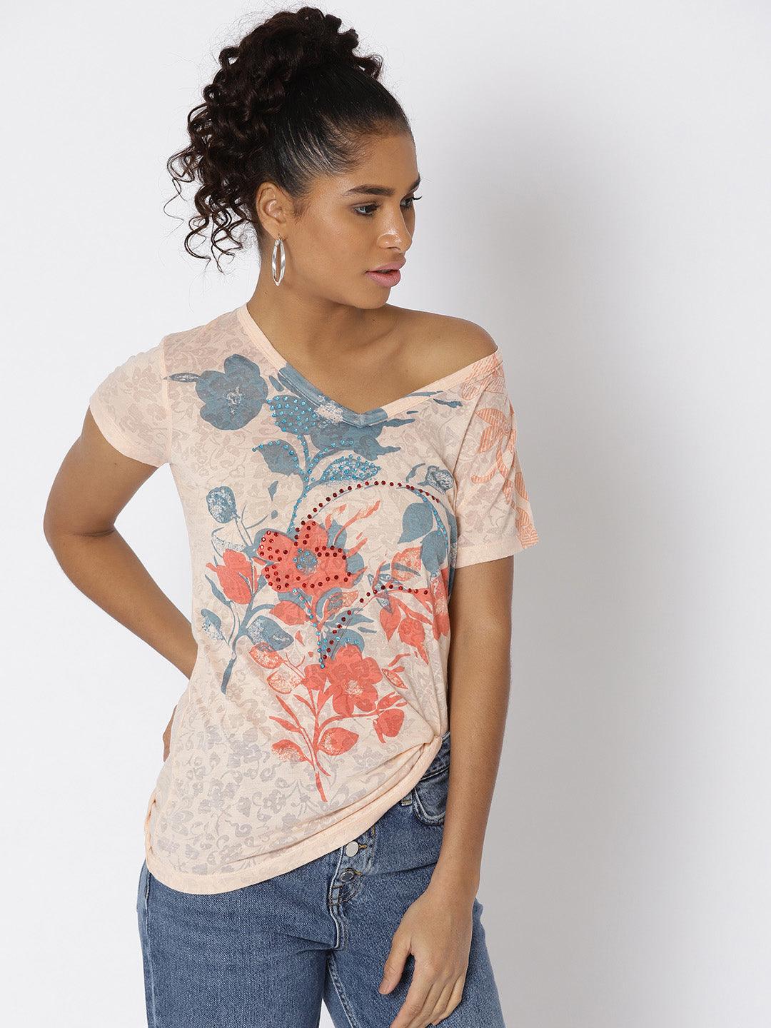 Women Peach-Coloured & Teal Blue Printed Burnout Effect Top-Tops-StyleQuotient