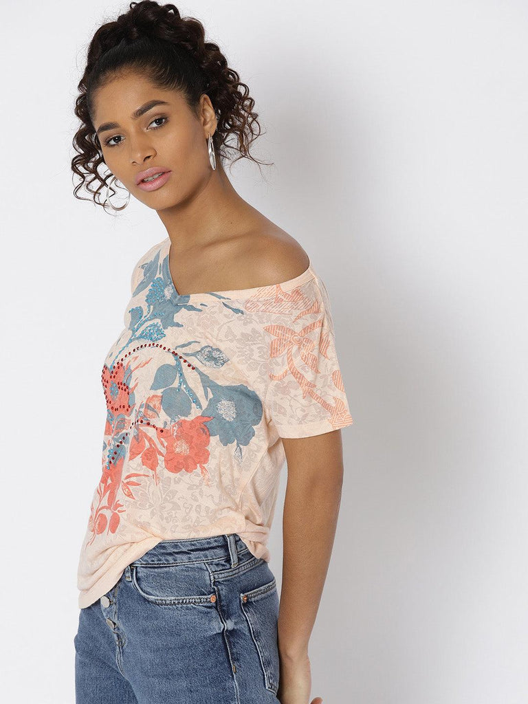 Women Peach-Coloured & Teal Blue Printed Burnout Effect Top-Tops-StyleQuotient