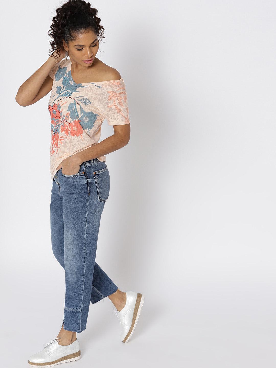 Women Peach-Coloured & Teal Blue Printed Burnout Effect Top-Tops-StyleQuotient