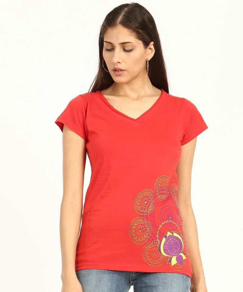 Style Quotient Women Red V-Neck Printed Fashion Tops-Tops-StyleQuotient