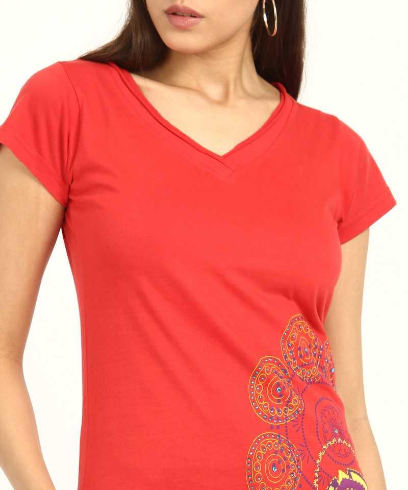 Style Quotient Women Red V-Neck Printed Fashion Tops-Tops-StyleQuotient