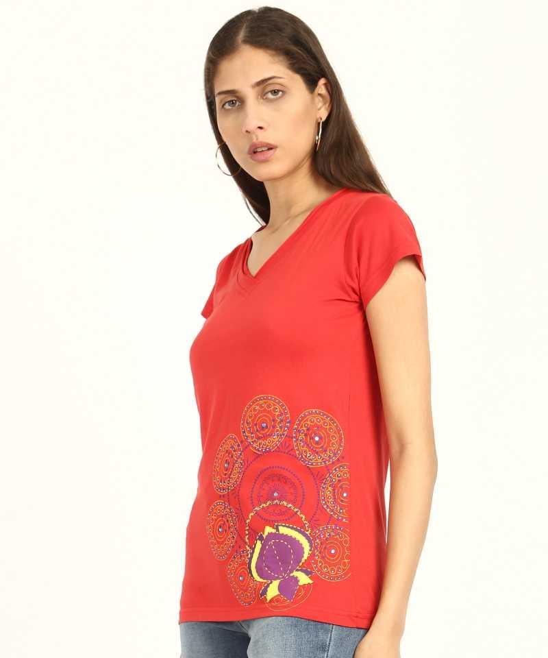 Style Quotient Women Red V-Neck Printed Fashion Tops-Tops-StyleQuotient