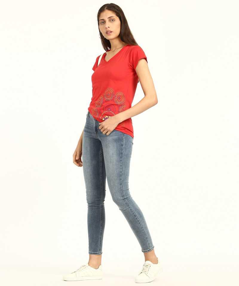 Style Quotient Women Red V-Neck Printed Fashion Tops-Tops-StyleQuotient
