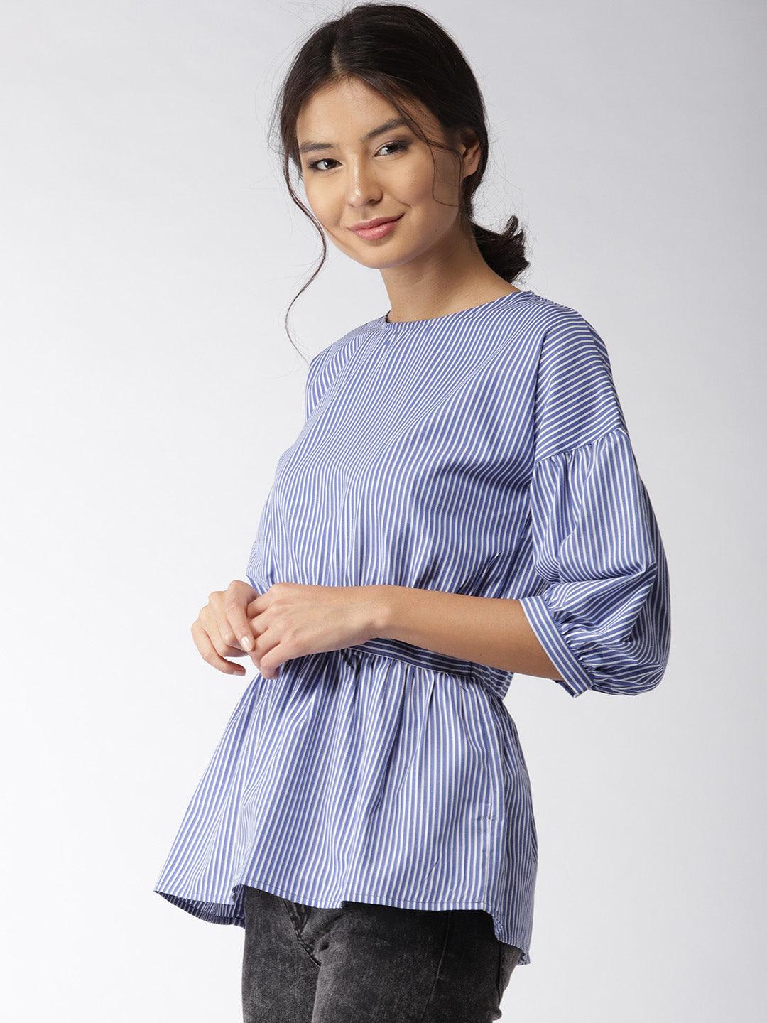 Women Blue Striped A-Line Top-Tops-StyleQuotient