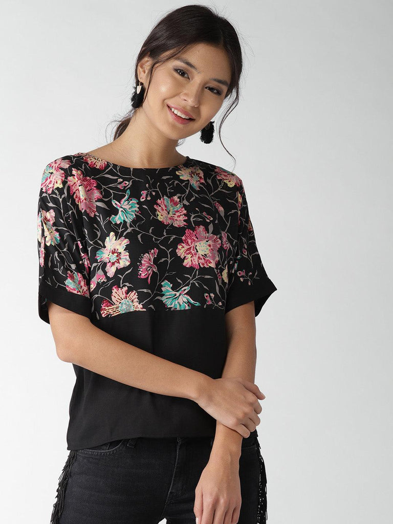 Women Black Floral Print Top-Tops-StyleQuotient