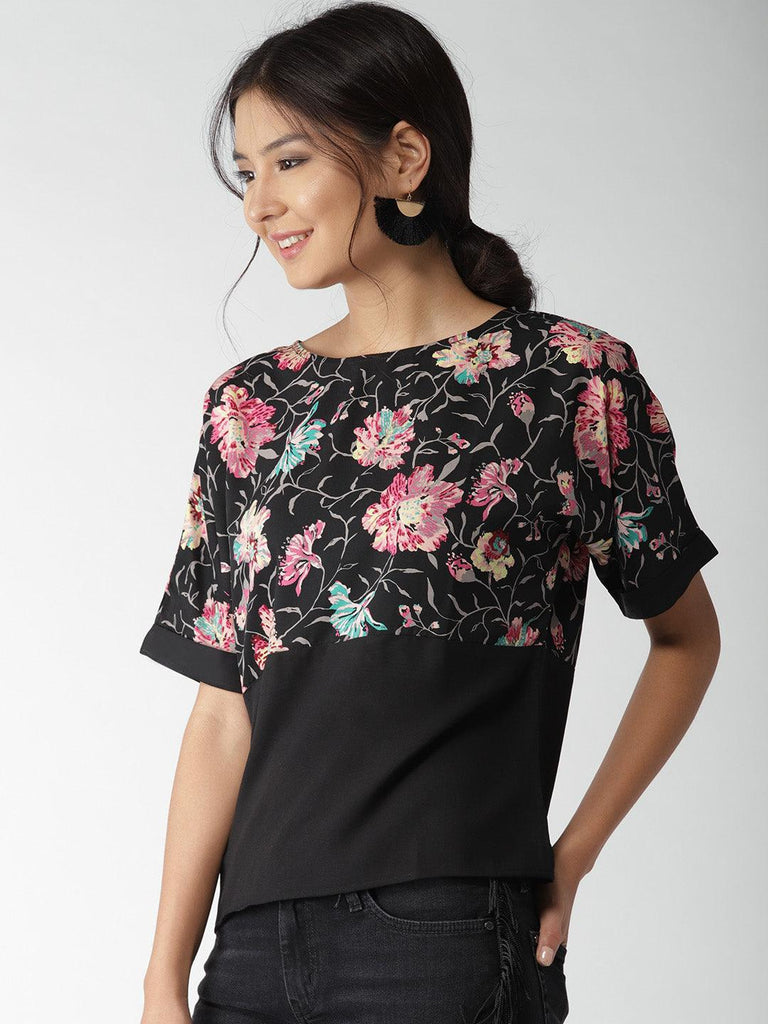 Women Black Floral Print Top-Tops-StyleQuotient