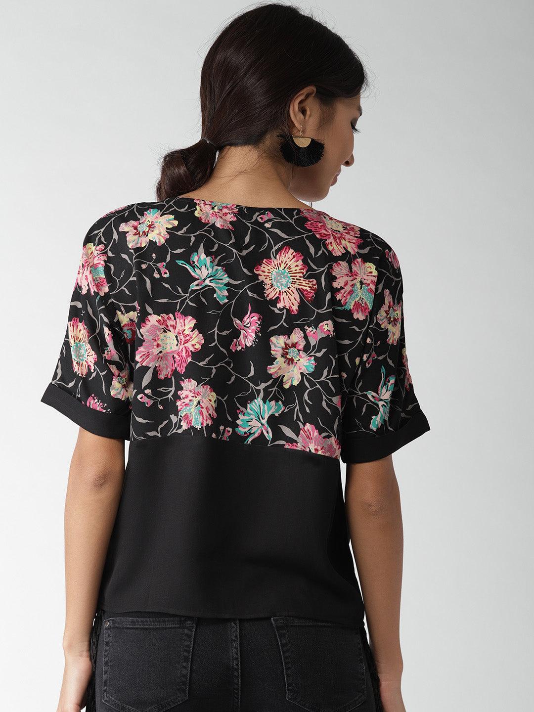 Women Black Floral Print Top-Tops-StyleQuotient