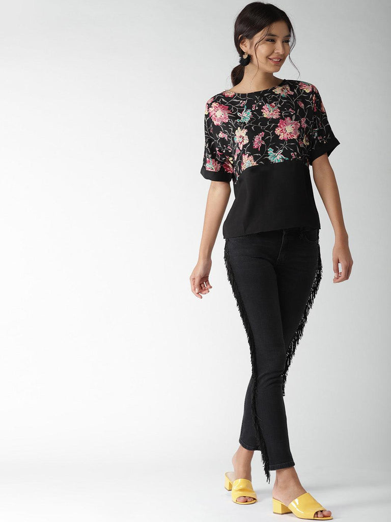 Women Black Floral Print Top-Tops-StyleQuotient