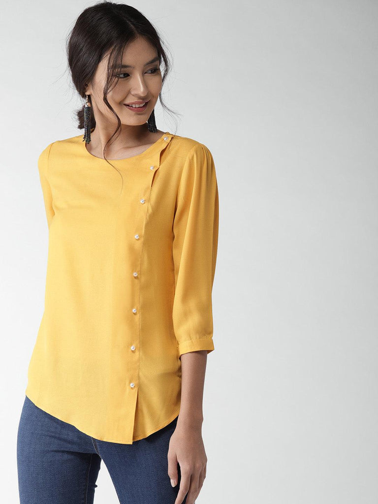 Women Mustard Yellow Solid Asymmetric Closure Top-Tops-StyleQuotient