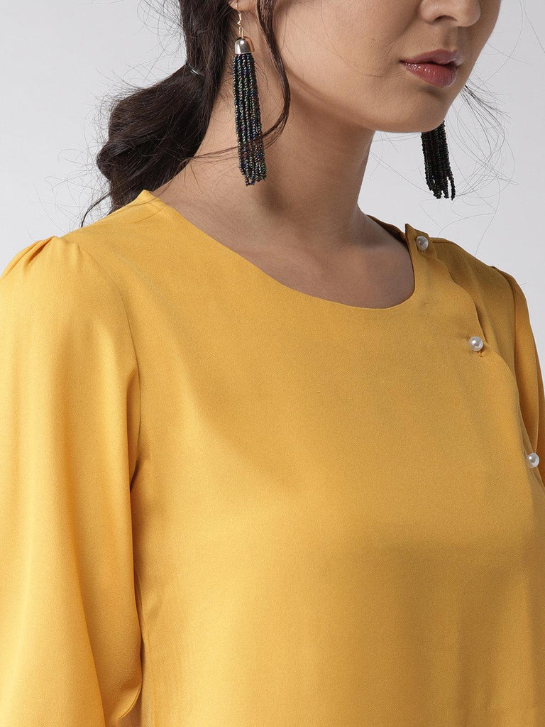 Women Mustard Yellow Solid Asymmetric Closure Top-Tops-StyleQuotient