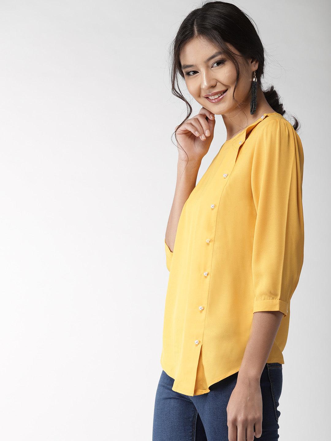 Women Mustard Yellow Solid Asymmetric Closure Top-Tops-StyleQuotient