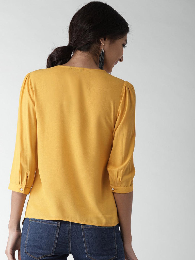 Women Mustard Yellow Solid Asymmetric Closure Top-Tops-StyleQuotient