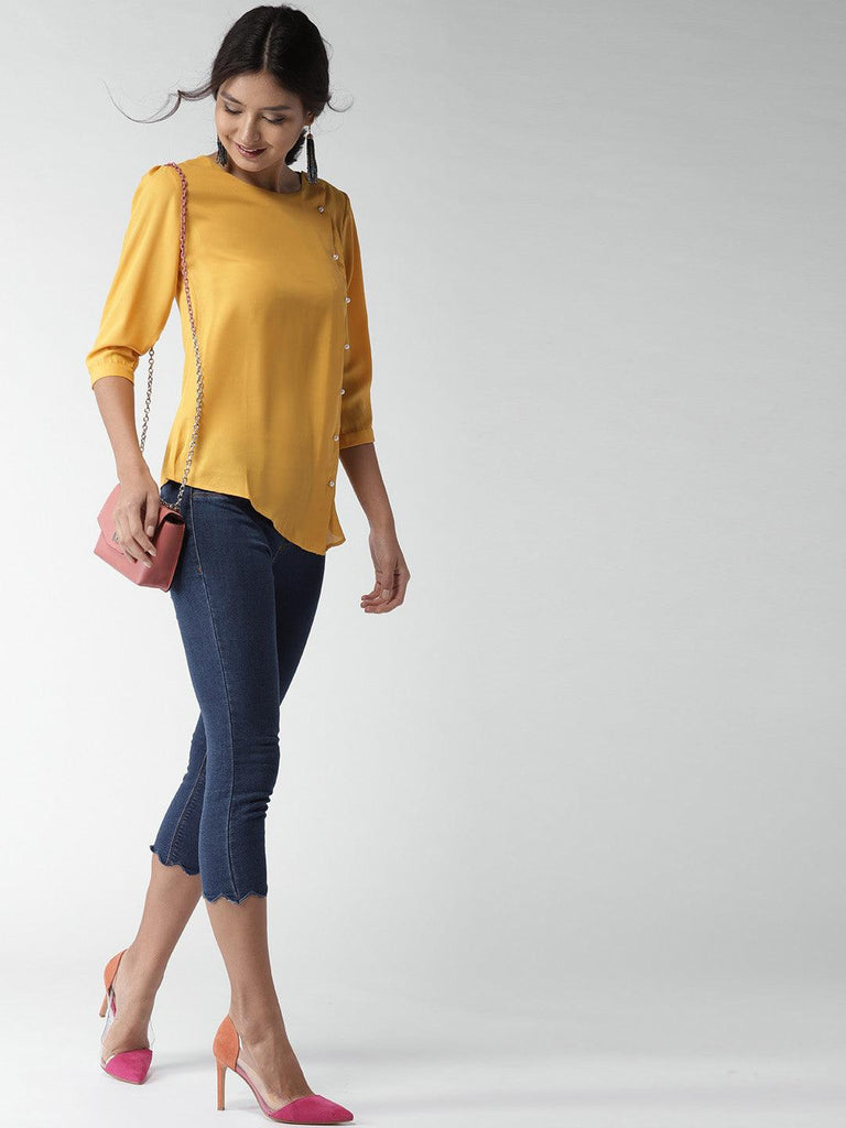 Women Mustard Yellow Solid Asymmetric Closure Top-Tops-StyleQuotient