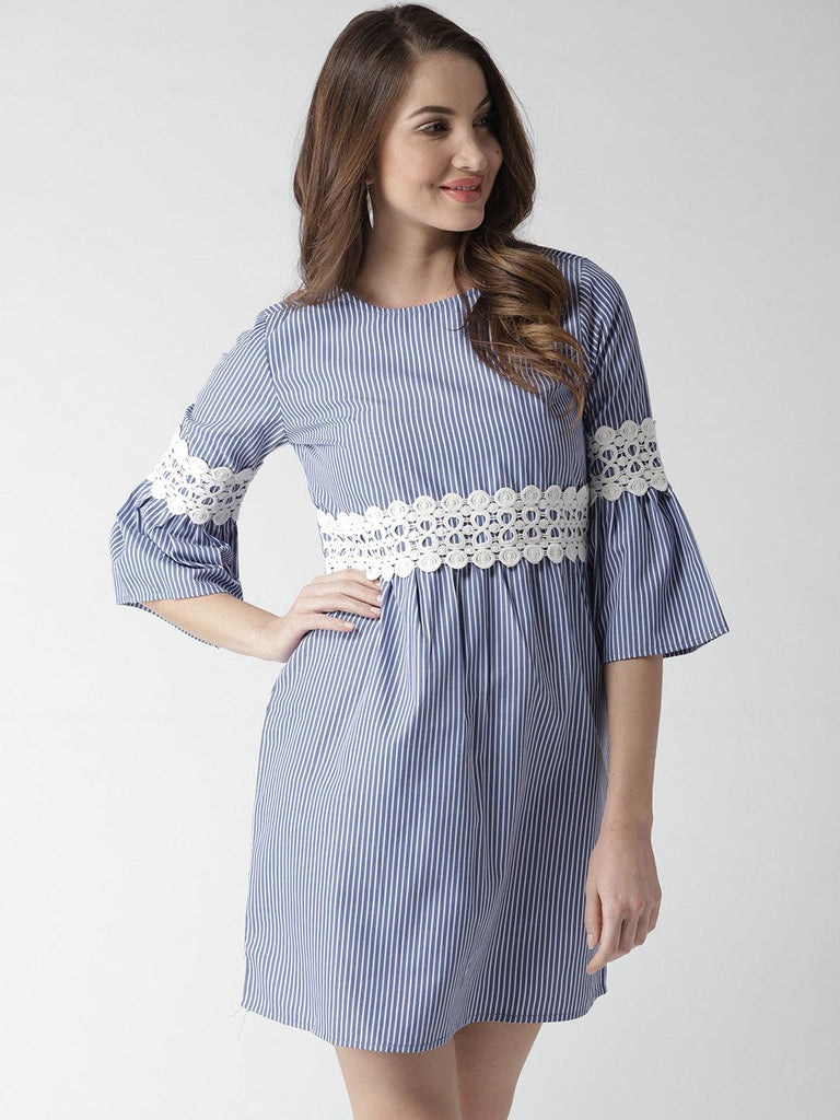 Women Blue & White Striped Empire Dress-Dresses-StyleQuotient