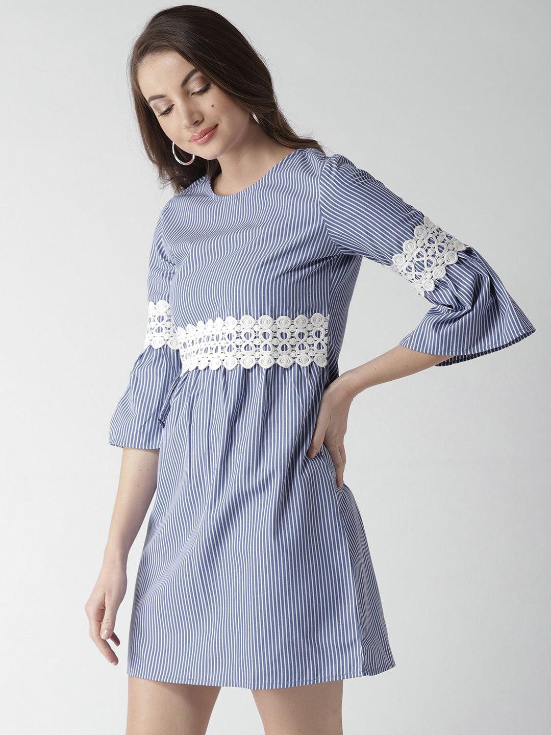 Women Blue & White Striped Empire Dress-Dresses-StyleQuotient