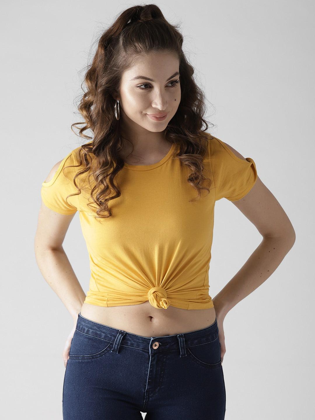 Women Yellow Solid Round Neck Tops-Tops-StyleQuotient