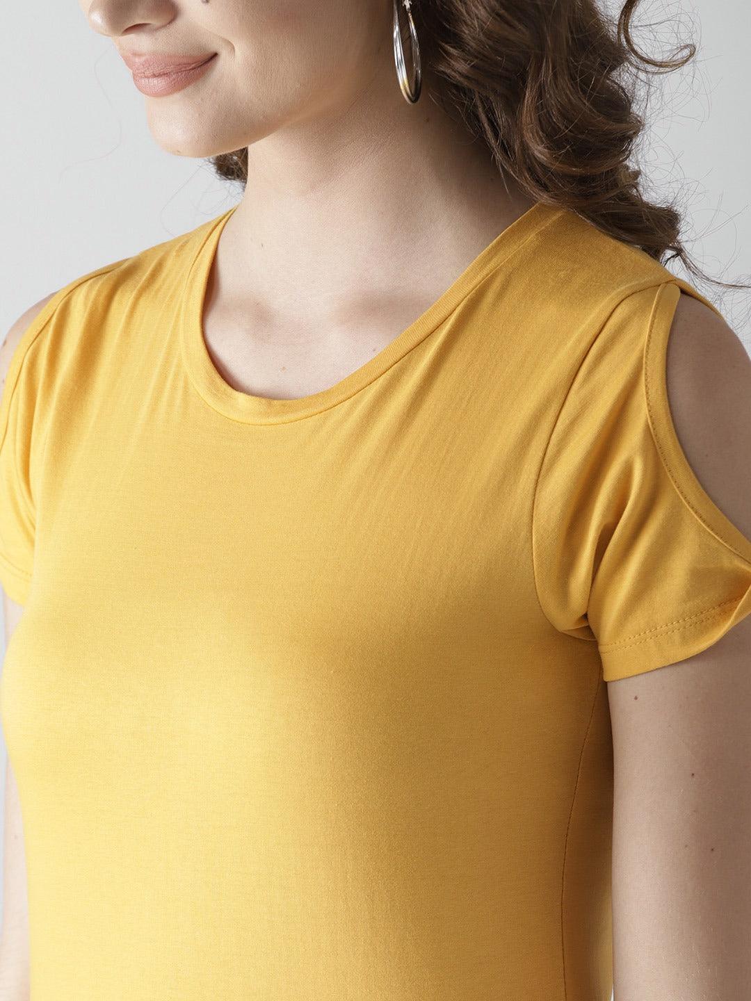 Women Yellow Solid Round Neck Tops-Tops-StyleQuotient