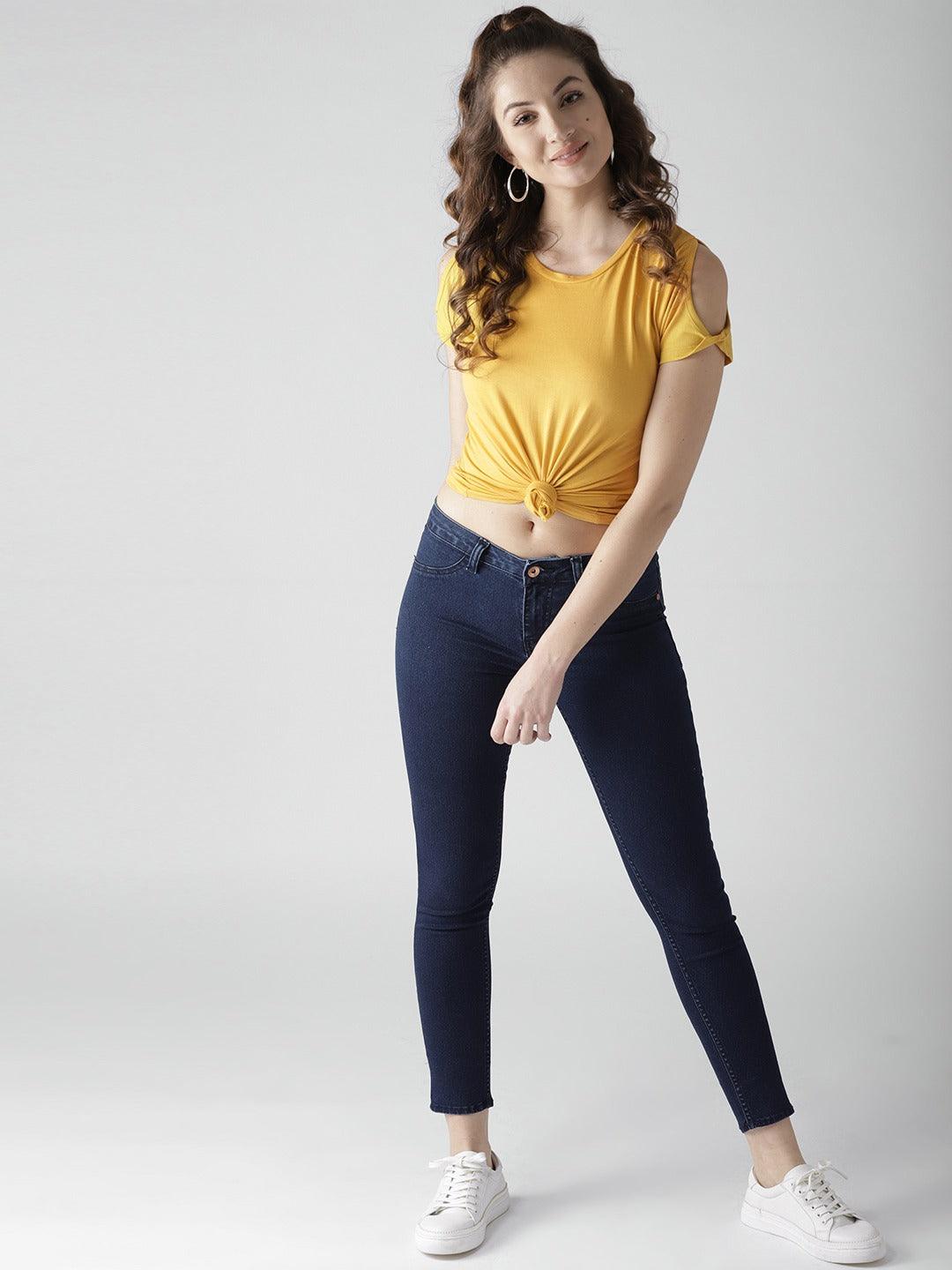 Women Yellow Solid Round Neck Tops-Tops-StyleQuotient