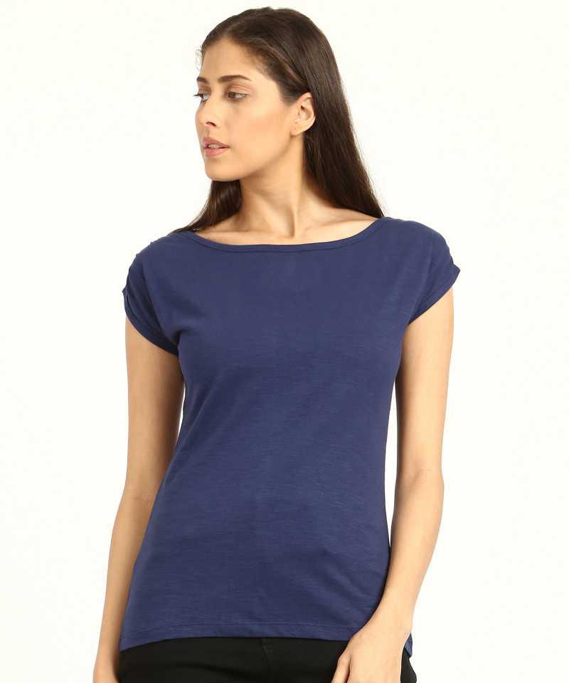 Style Quotient Women Navy Blue BoatNeck Solid Fashion Tops-Tops-StyleQuotient