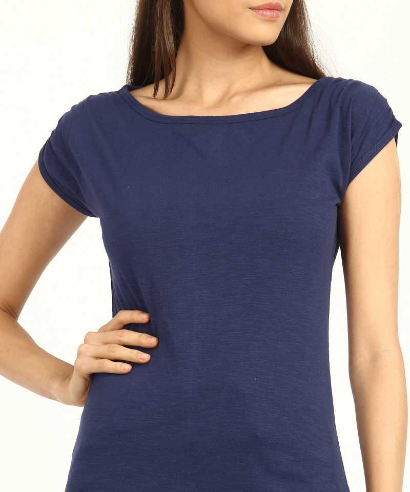 Style Quotient Women Navy Blue BoatNeck Solid Fashion Tops-Tops-StyleQuotient