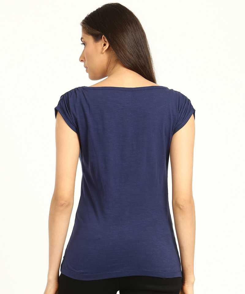 Style Quotient Women Navy Blue BoatNeck Solid Fashion Tops-Tops-StyleQuotient