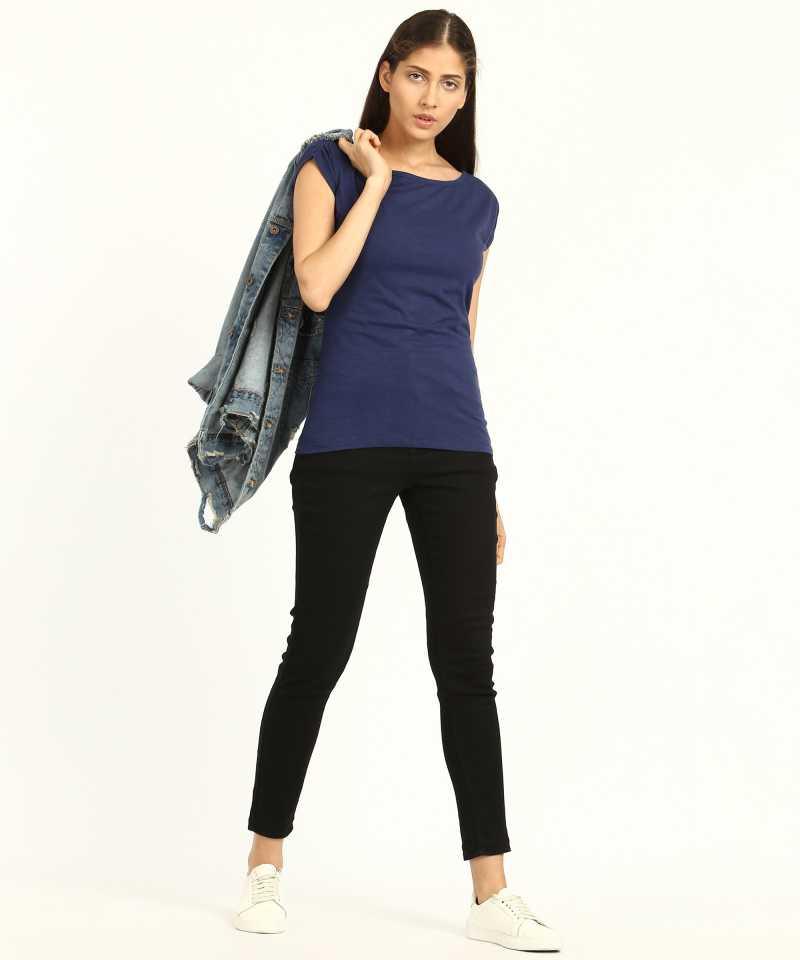 Style Quotient Women Navy Blue BoatNeck Solid Fashion Tops-Tops-StyleQuotient