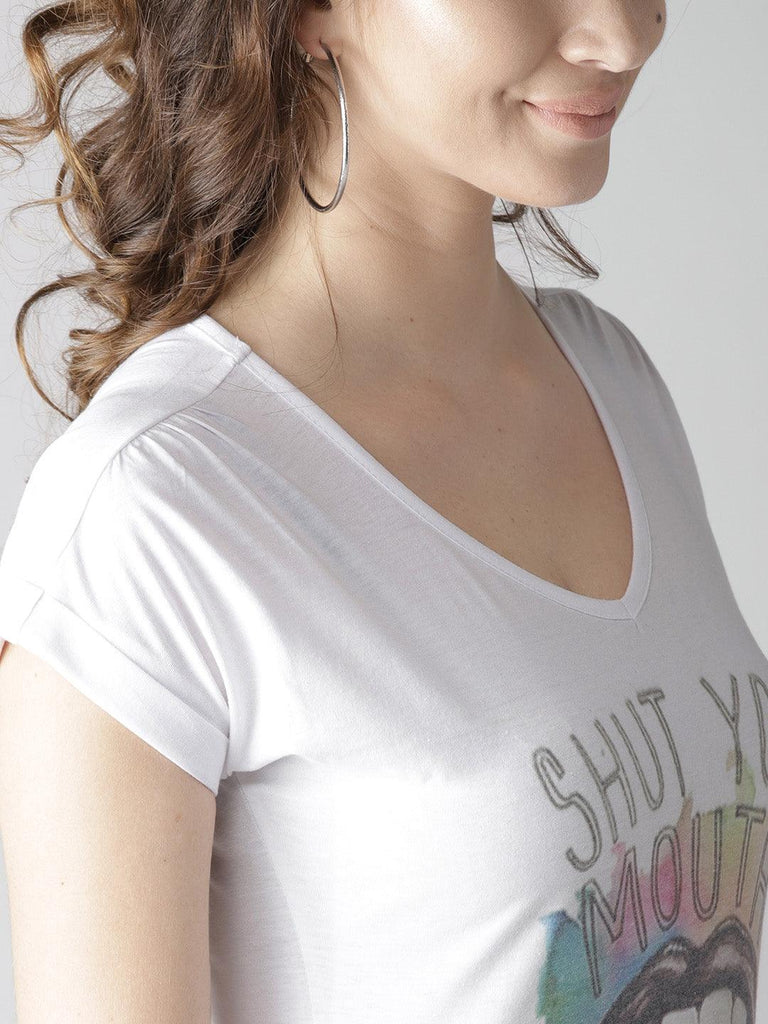 Women White Printed V-Neck T-shirt-Tshirt-StyleQuotient
