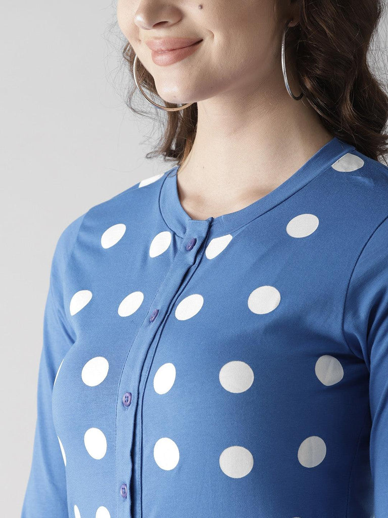 Women Blue & White Printed Shirt Style Top-Tops-StyleQuotient