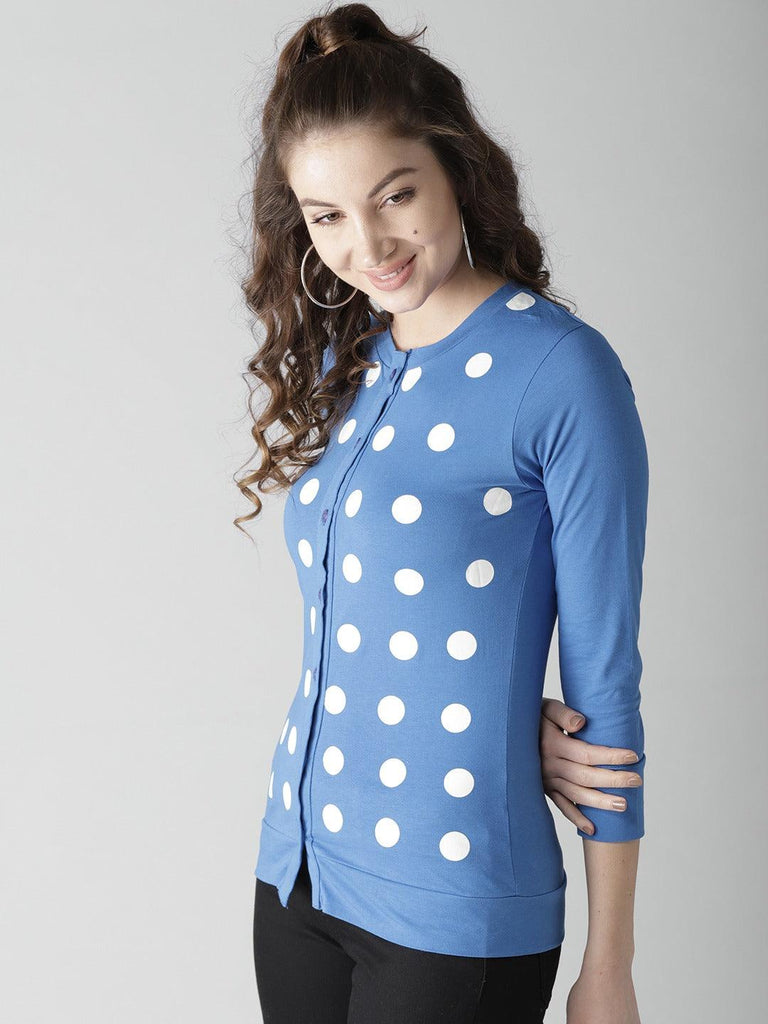 Women Blue & White Printed Shirt Style Top-Tops-StyleQuotient