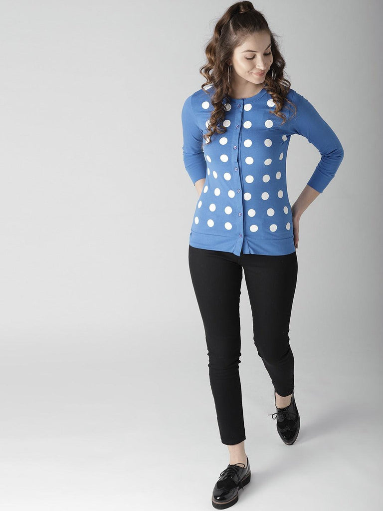 Women Blue & White Printed Shirt Style Top-Tops-StyleQuotient