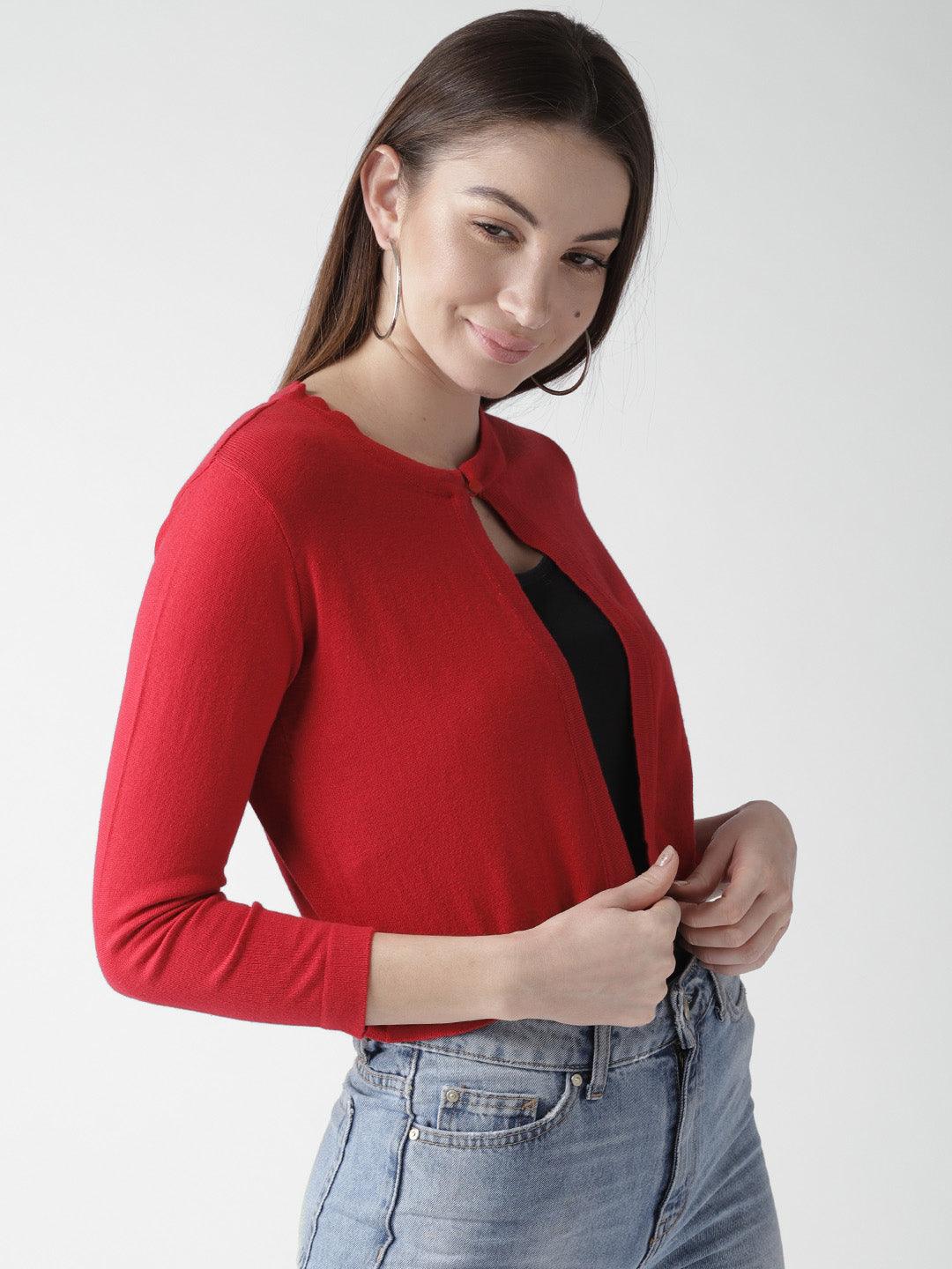 Style Quotient Women Solid Red Cotton Smart Casual Crop Shrug-Shrug-StyleQuotient