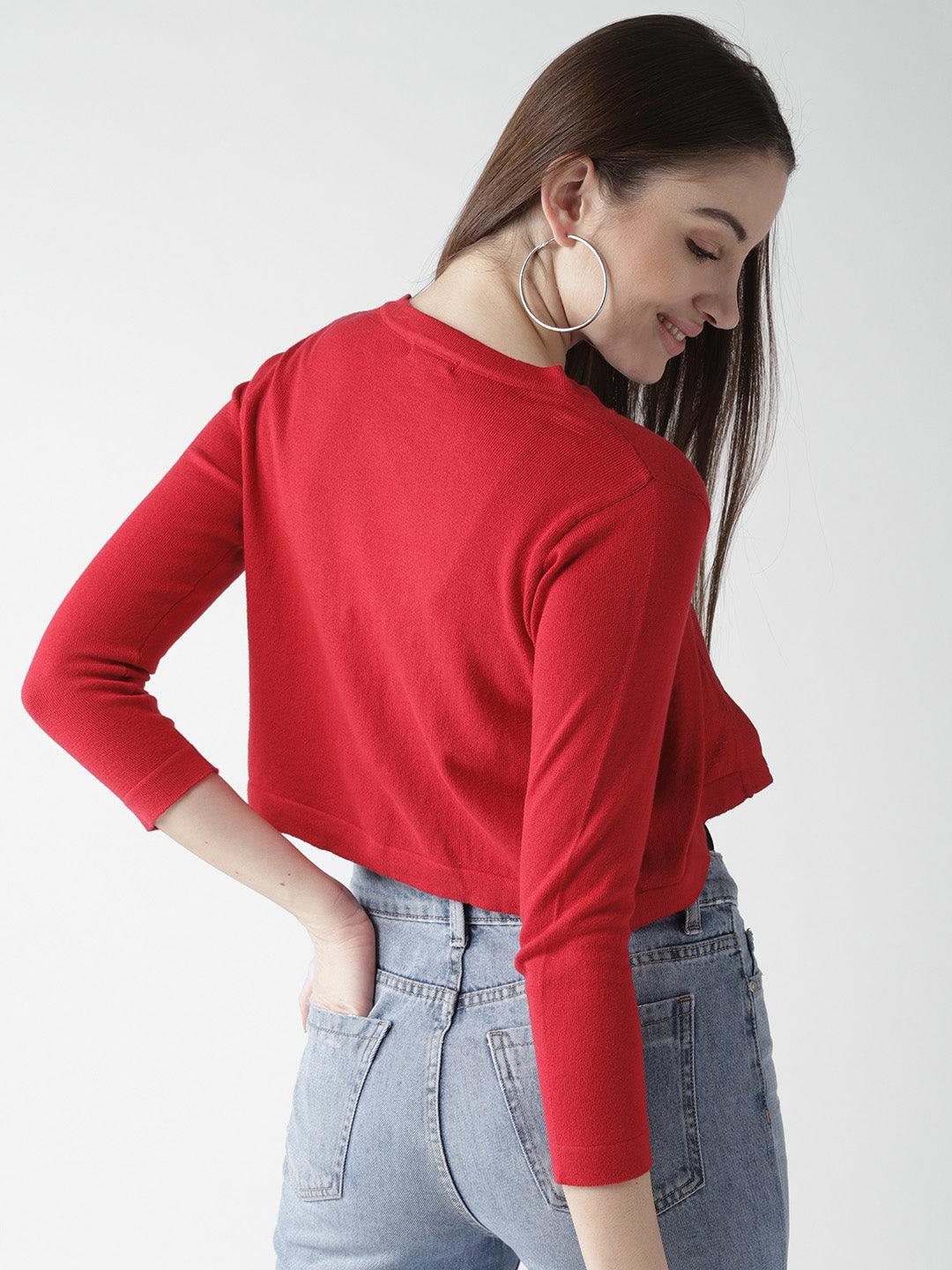 Style Quotient Women Solid Red Cotton Smart Casual Crop Shrug-Shrug-StyleQuotient