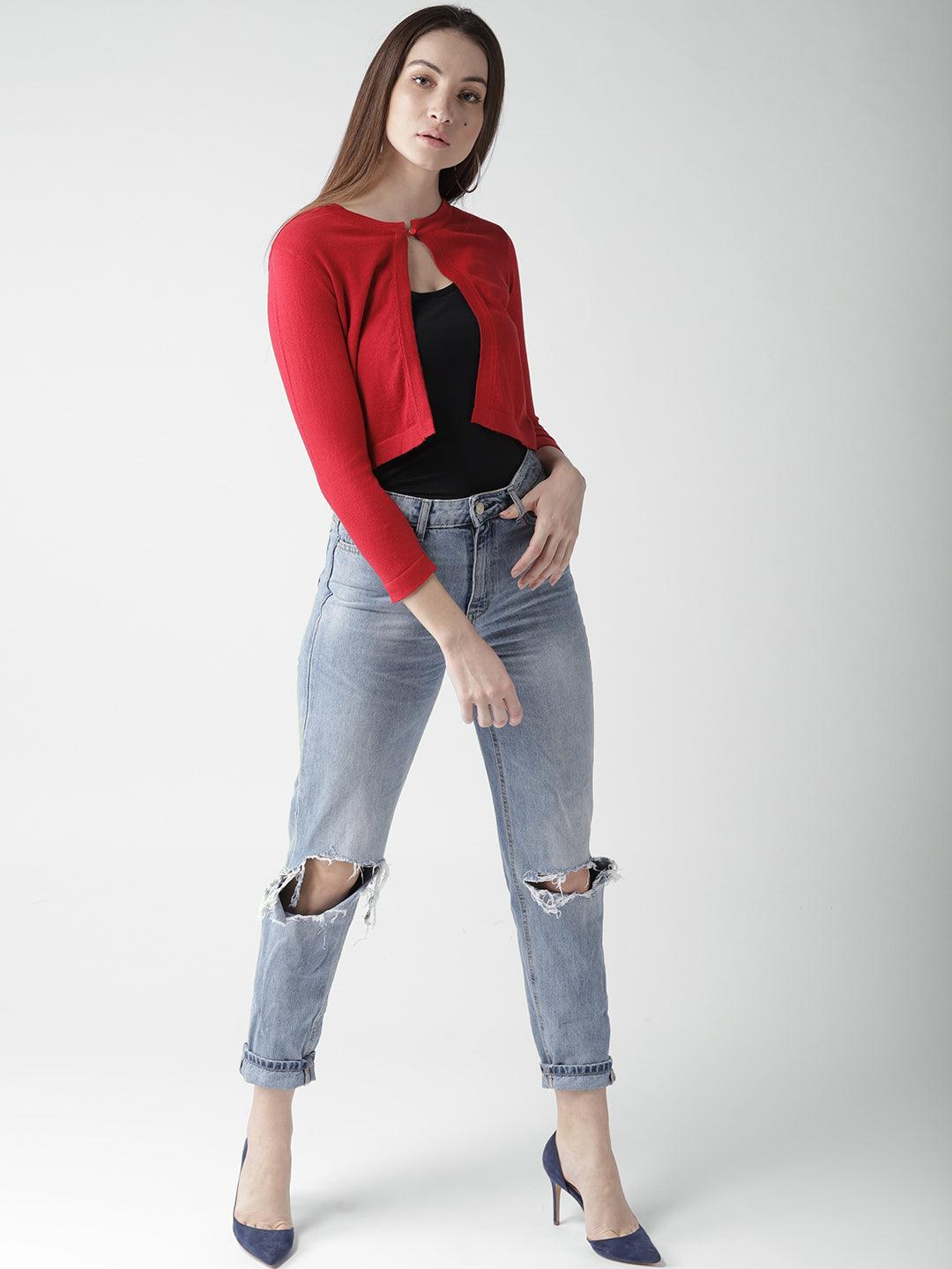 Style Quotient Women Solid Red Cotton Smart Casual Crop Shrug-Shrug-StyleQuotient