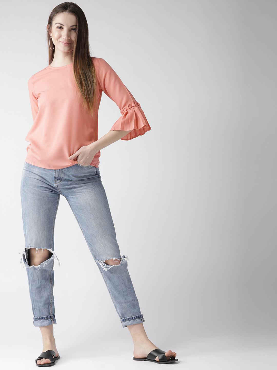 Women Coral Solid Blouson Top-Tops-StyleQuotient