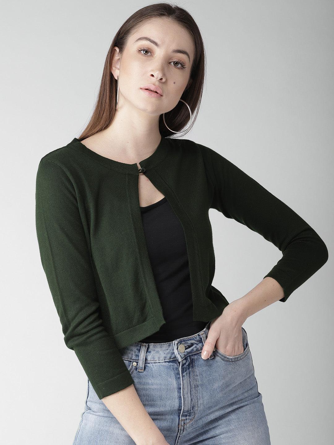 Style Quotient Women Solid Olive Cotton Smart Casual Crop Shrug-Shrug-StyleQuotient