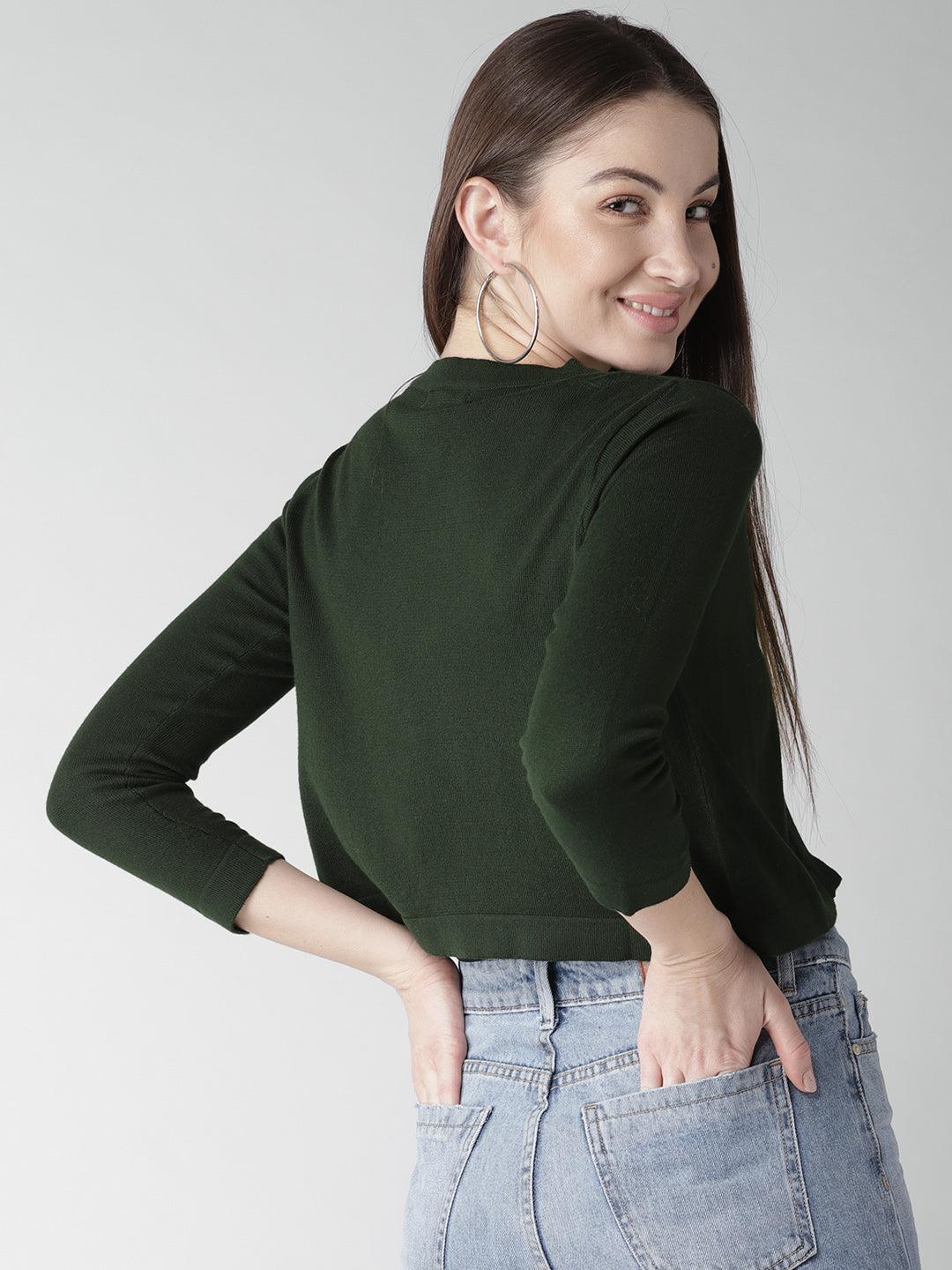 Style Quotient Women Solid Olive Cotton Smart Casual Crop Shrug-Shrug-StyleQuotient