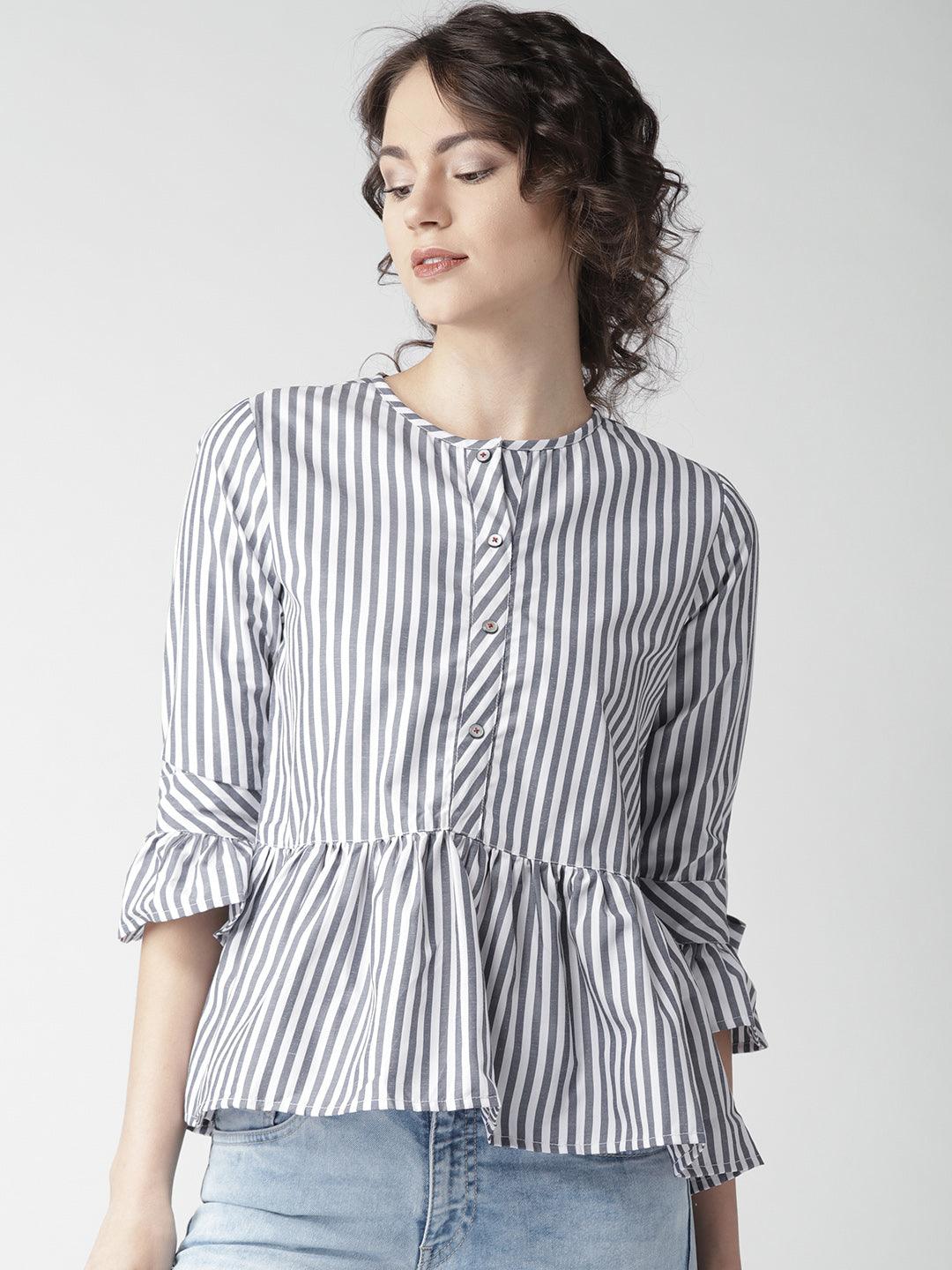 Women Blue Striped Blouson Top-Tops-StyleQuotient