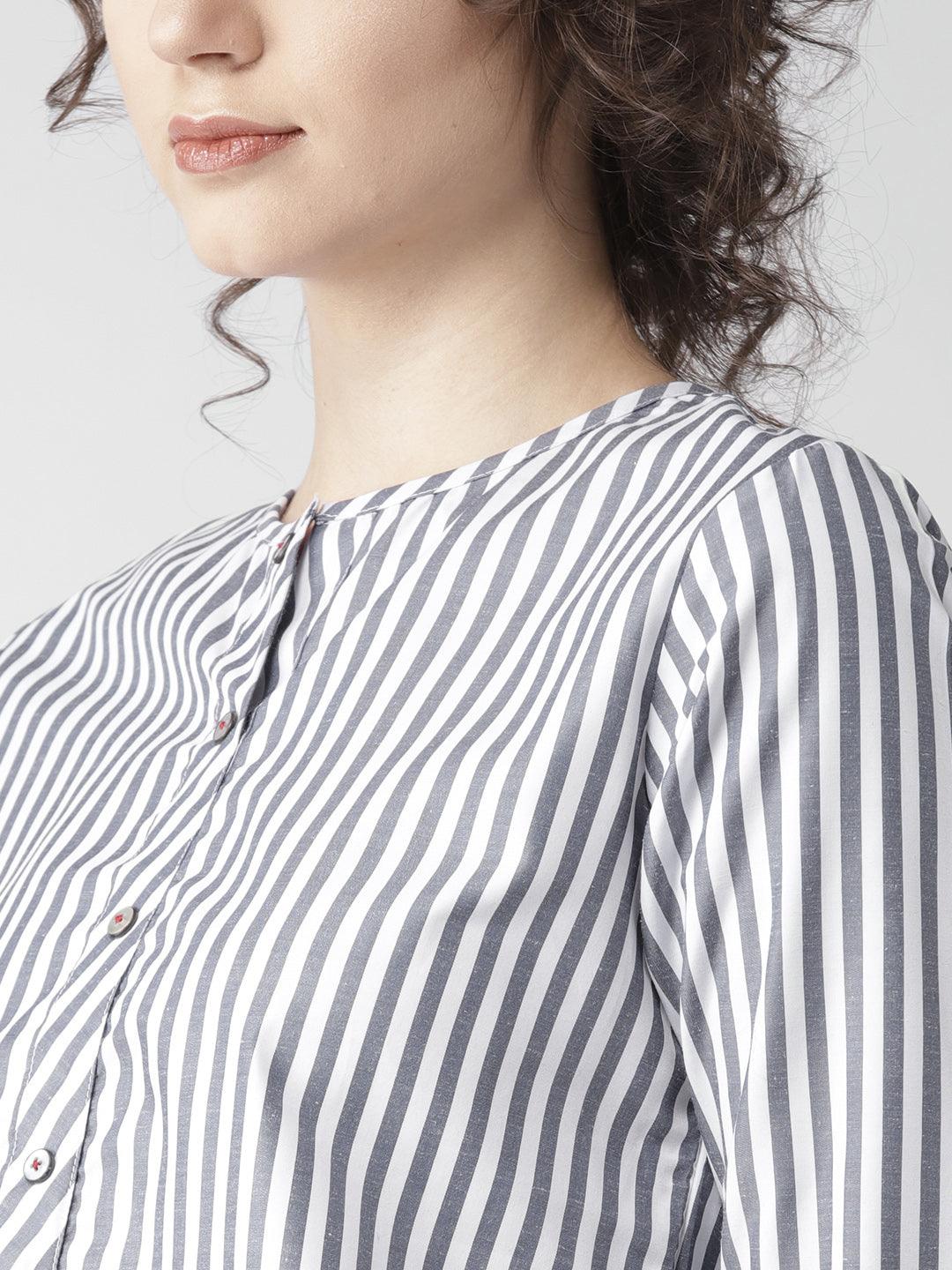 Women Blue Striped Blouson Top-Tops-StyleQuotient