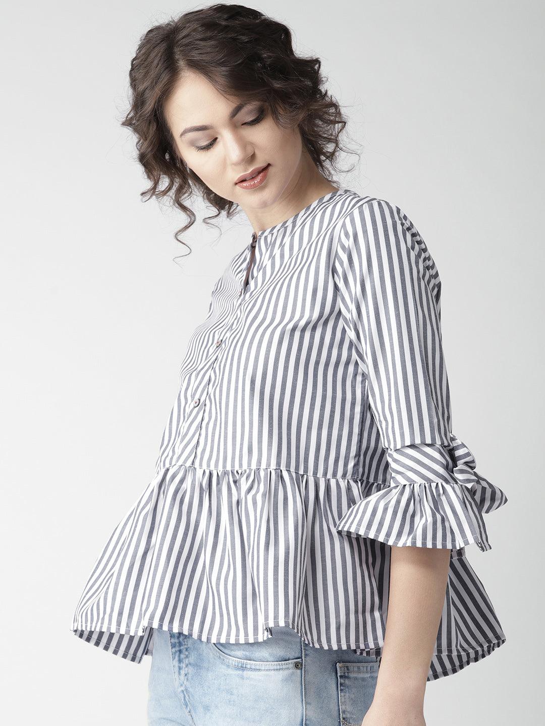 Women Blue Striped Blouson Top-Tops-StyleQuotient