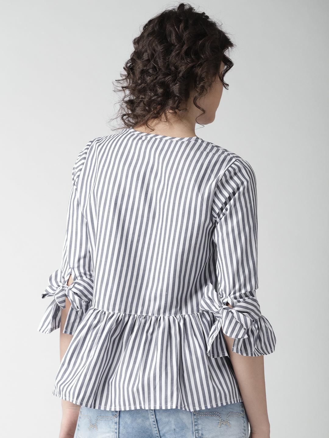 Women Blue Striped Blouson Top-Tops-StyleQuotient