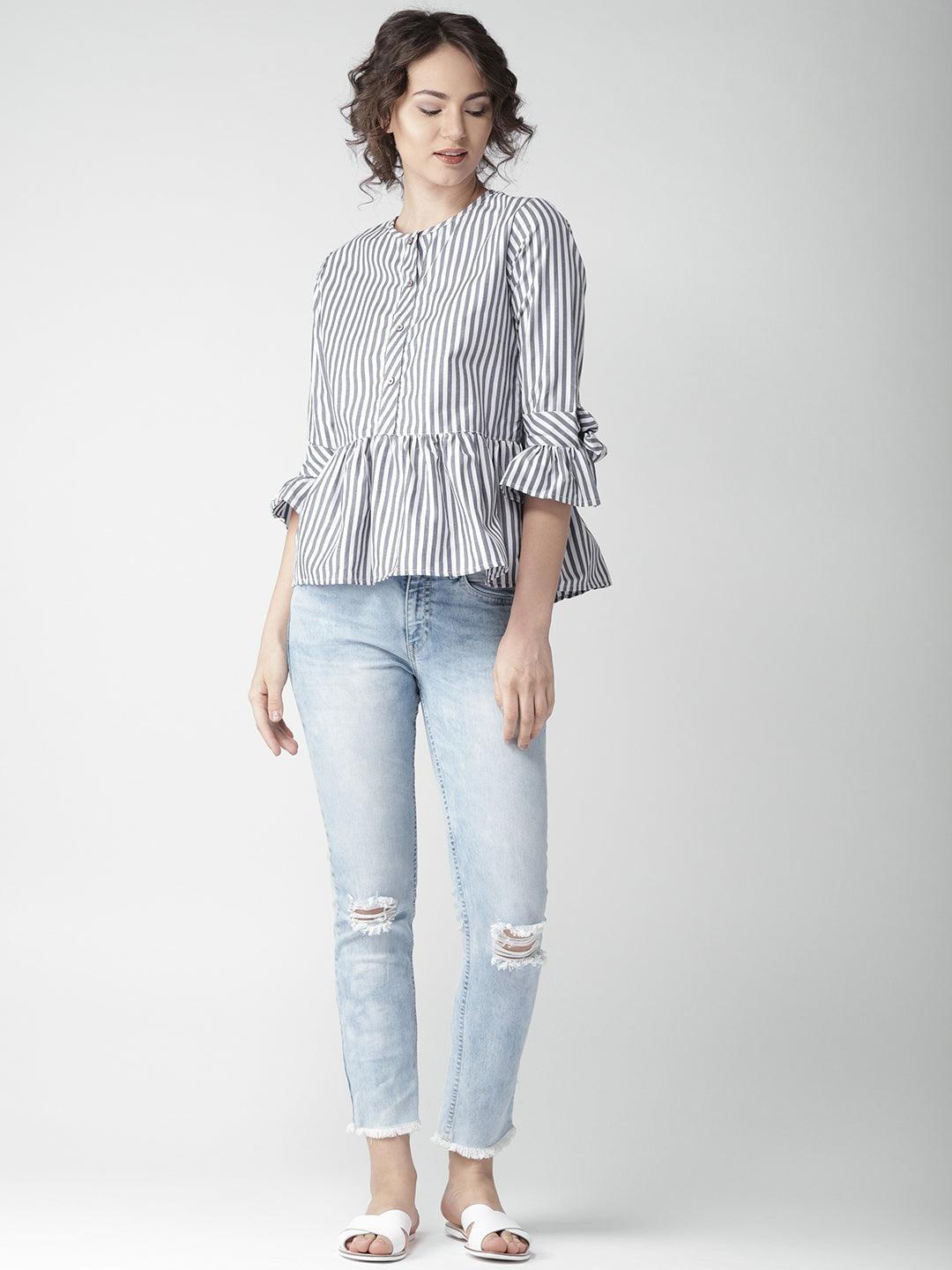 Women Blue Striped Blouson Top-Tops-StyleQuotient