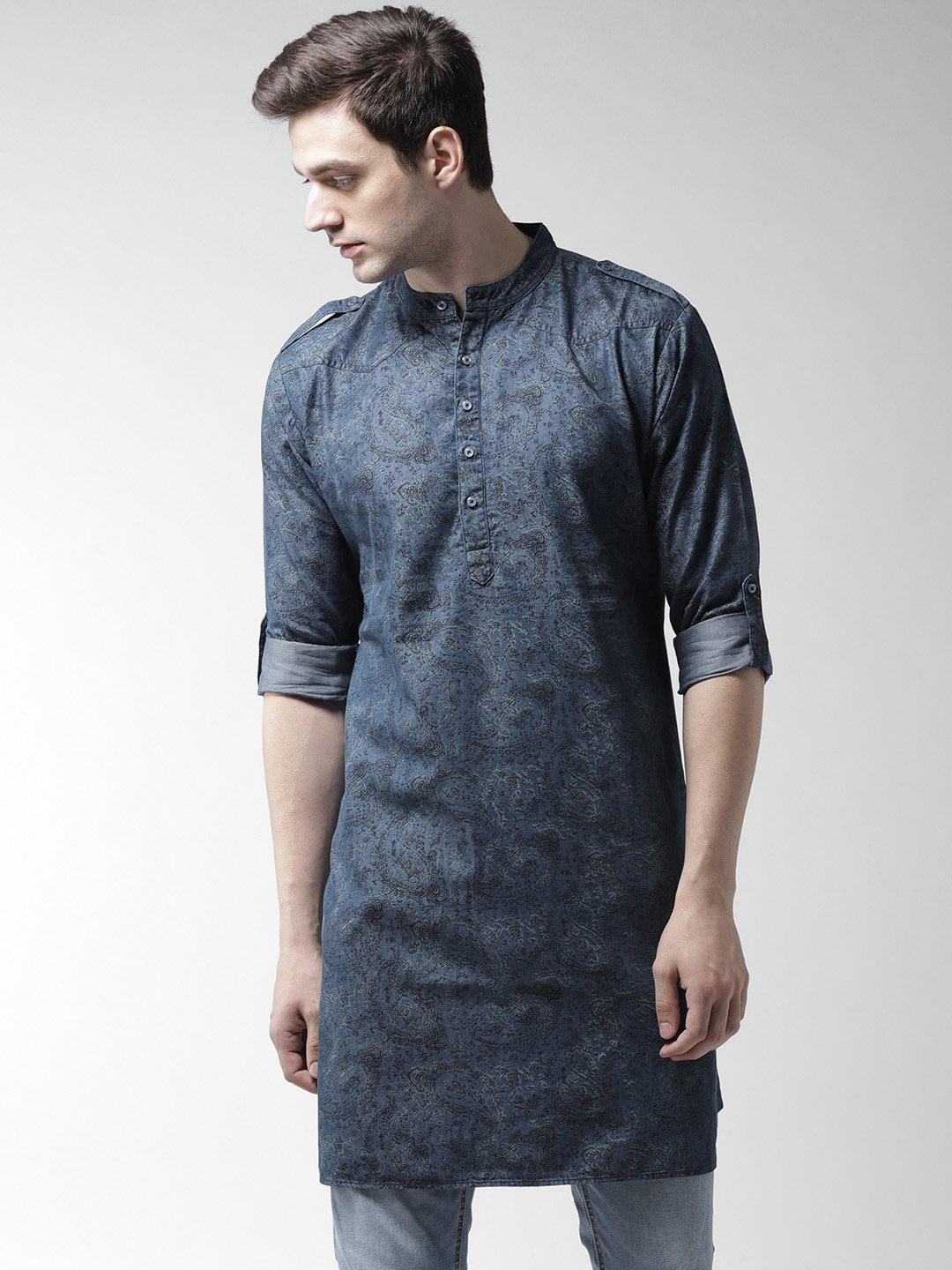 Men Blue Printed Denim Straight Kurta-Mens Kurta-StyleQuotient