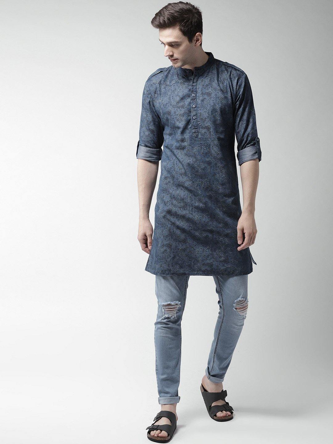 Men Blue Printed Denim Straight Kurta-Mens Kurta-StyleQuotient