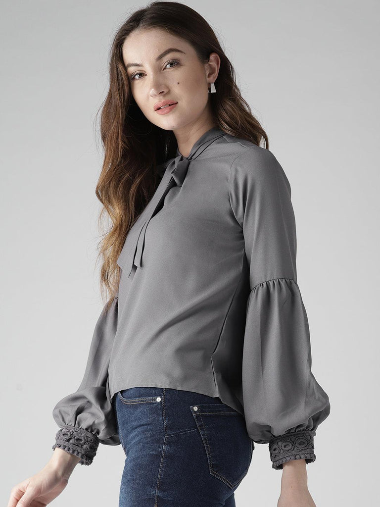 Style Quotient Women Solid Grey Polyester Regular Smart Casual Top-Tops-StyleQuotient