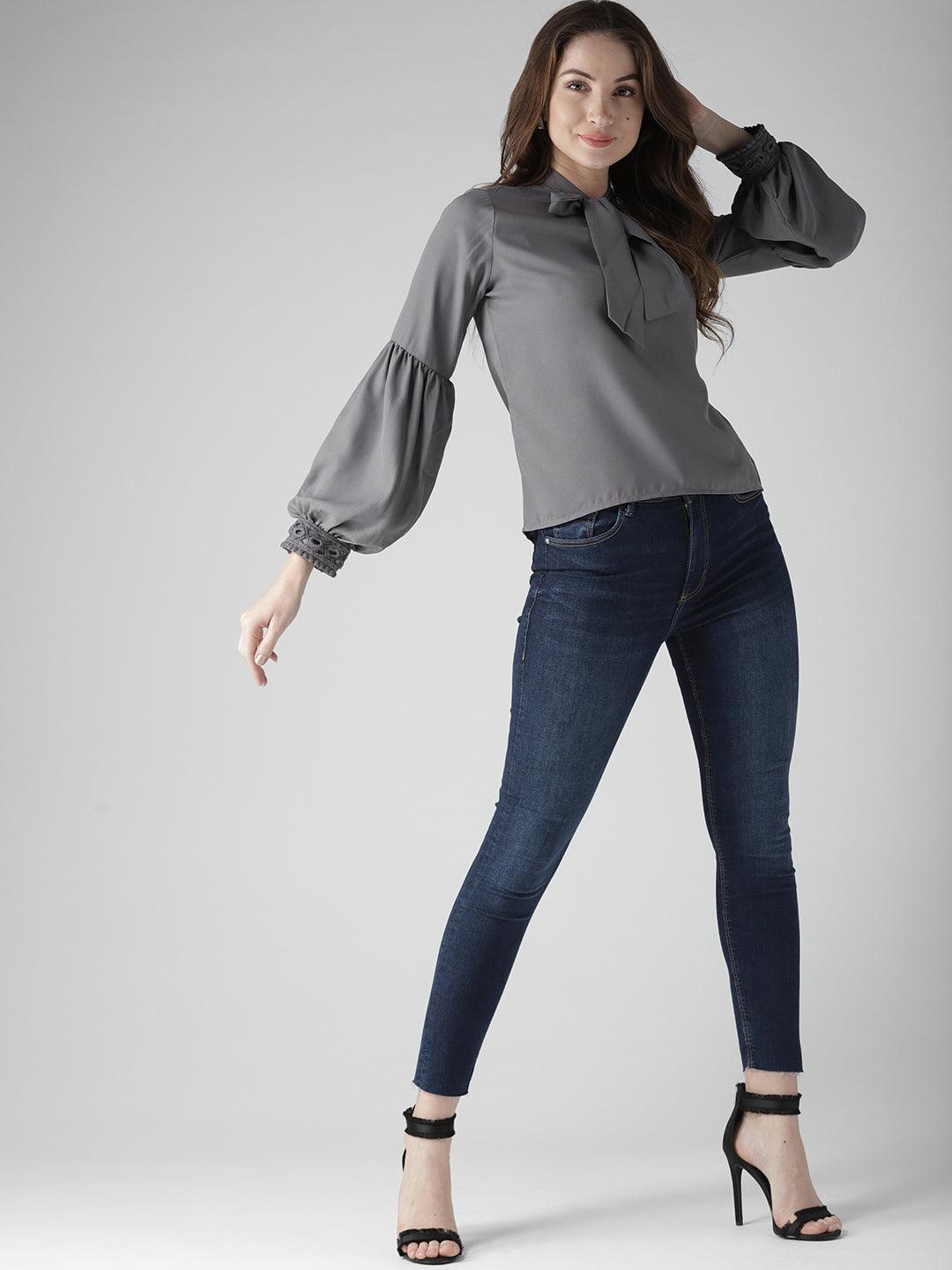 Style Quotient Women Solid Grey Polyester Regular Smart Casual Top-Tops-StyleQuotient