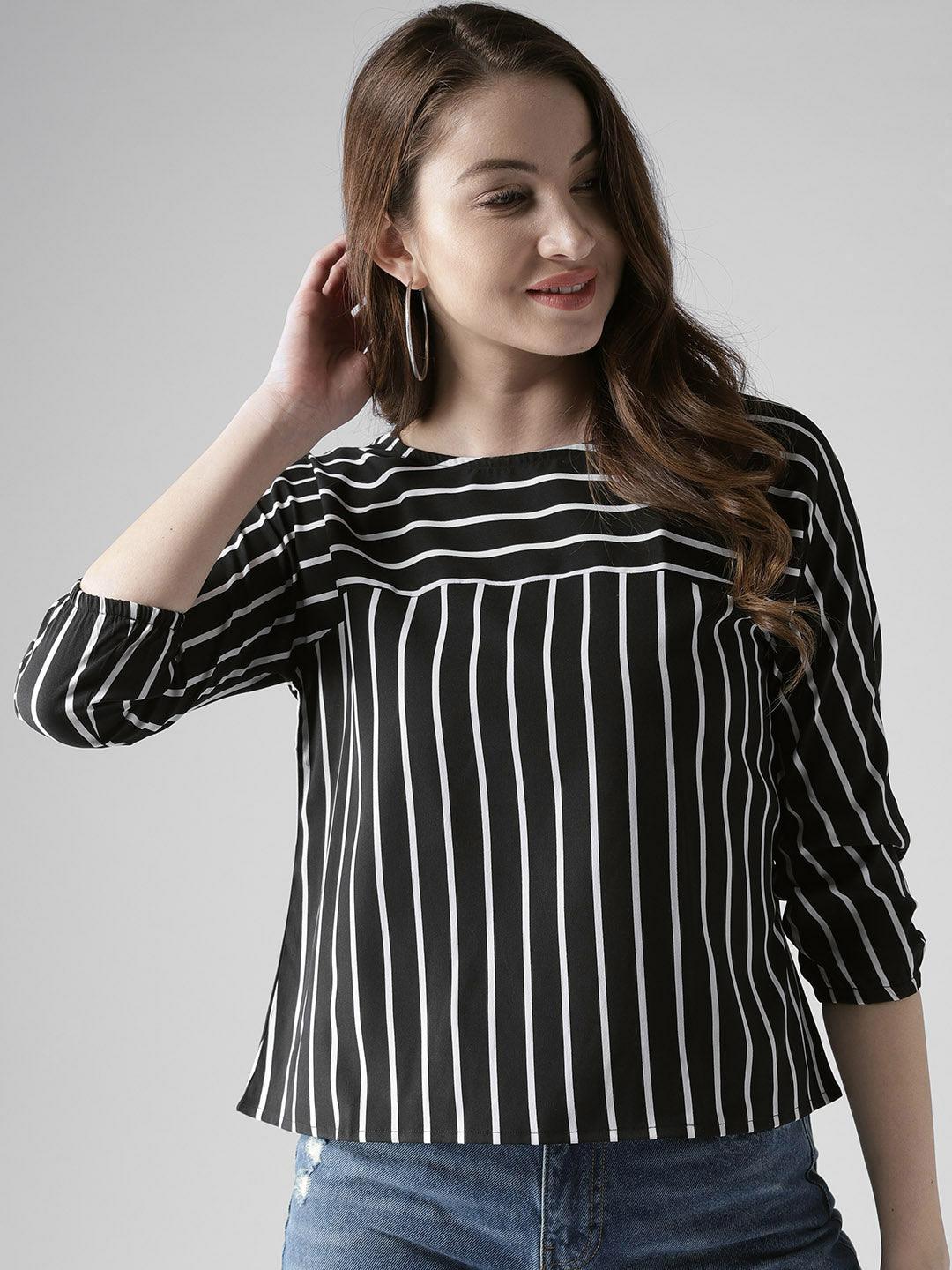 Women Black & White Striped Boxy Top-Tops-StyleQuotient