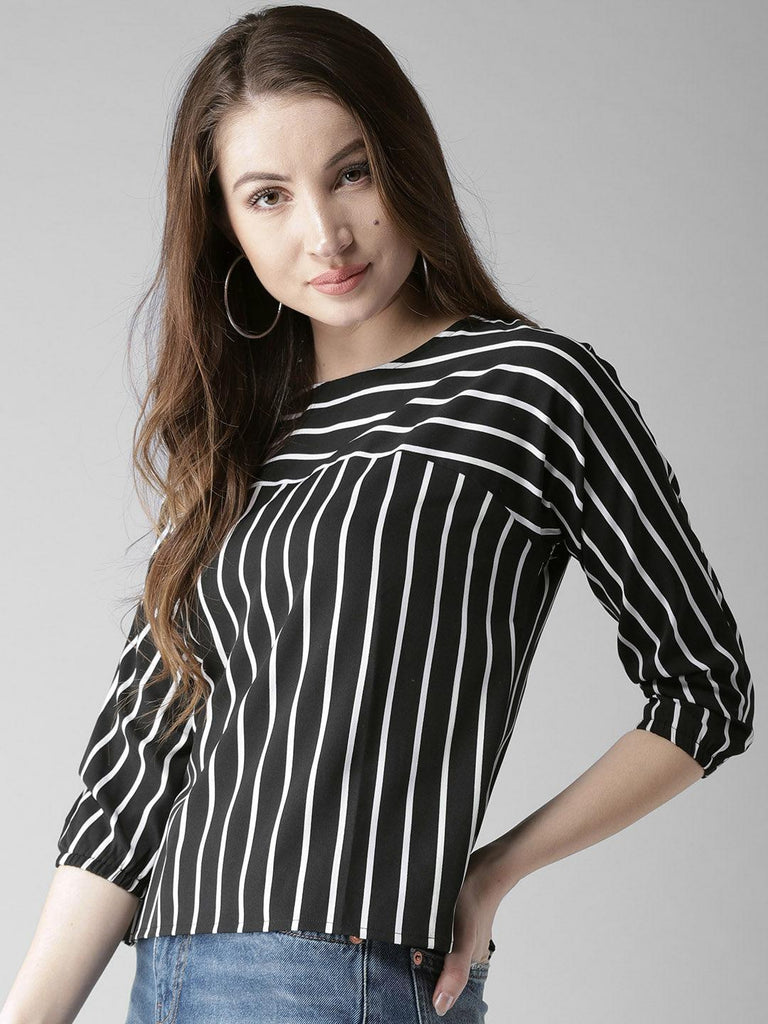 Women Black & White Striped Boxy Top-Tops-StyleQuotient