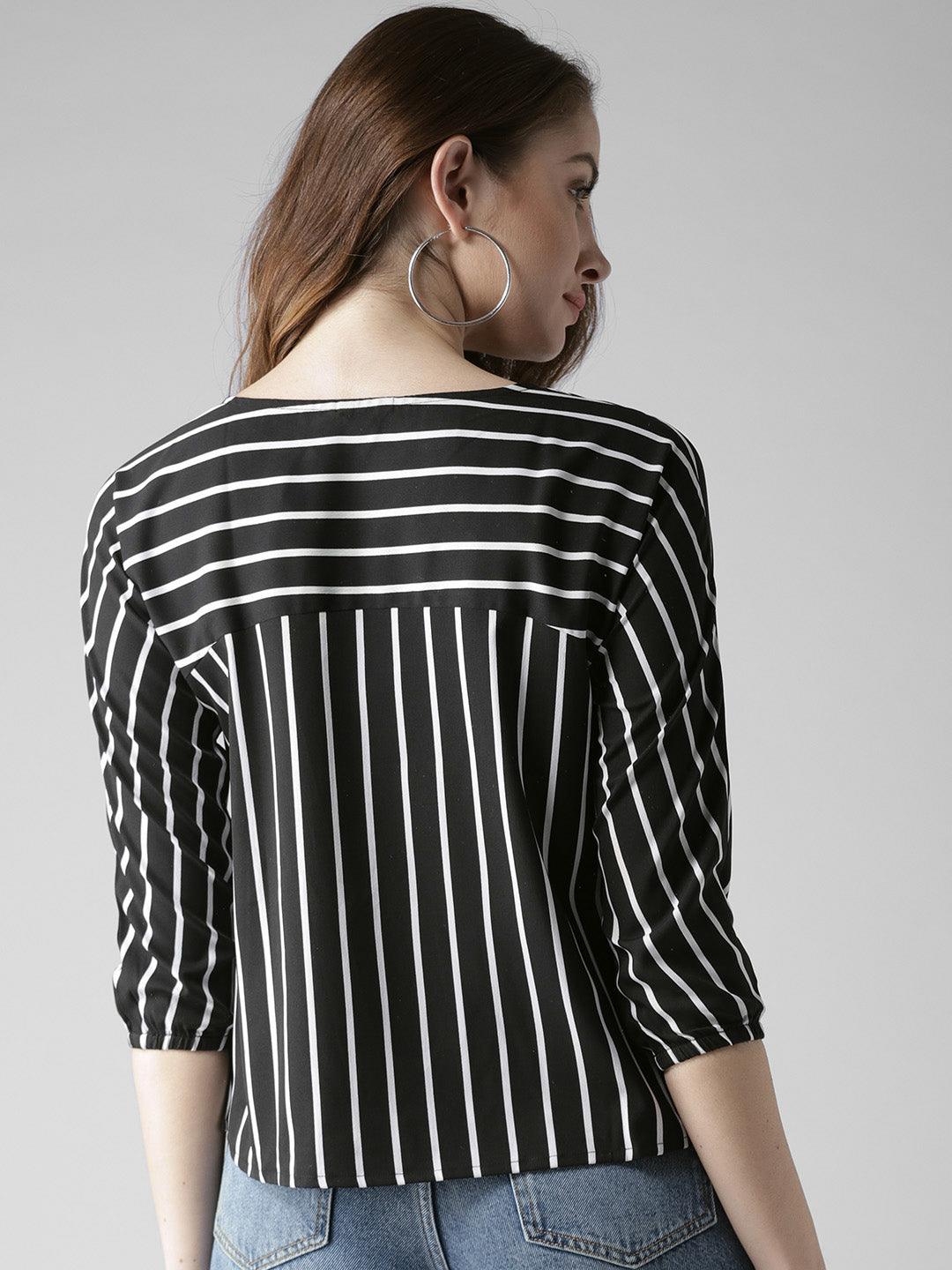 Women Black & White Striped Boxy Top-Tops-StyleQuotient