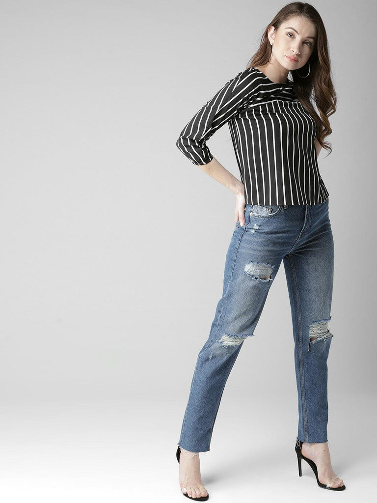 Women Black & White Striped Boxy Top-Tops-StyleQuotient